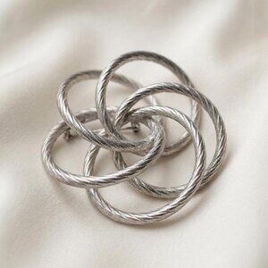 Flower Brooch Silver Tone Rope Knot Floral Pin 2.5 Inch Vintage